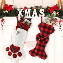Gejoy 2 Piece Pet Dog Christmas Stocking Hanging Bone with Bow Buffalo Plaid Christmas Stockings18 Inch Dog Cat Paw Stocking for Pets Puppy Family Xmas Holiday Fireplace Decoration