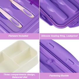 BIBURY Lunch Box, Bento Box, Brotdose mit 3 Fächern und Besteck, Auslaufsicher Brotzeitbox Kühlschrank Spülmaschinenfest Mikrowellengeeignet, Brotdosen für Schule Arbeit Picknick Reisen(Violett)