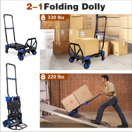 2-1 Folding Hand Truck Dolly,330LBS Capacity Dolly Cart,Foldable Dolly Hand Truck with Retractable Handle and 4 Rubber Wheels,Hand Cart Foldable for Luggage/Travel/Office/Moving