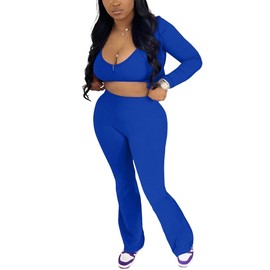 Jogger Sets for Women 2 Piece Zipper Jacket Crop Top Vest High Waist Flare Pants Sets 3 Piece Workout Yoga Outfits Blue L