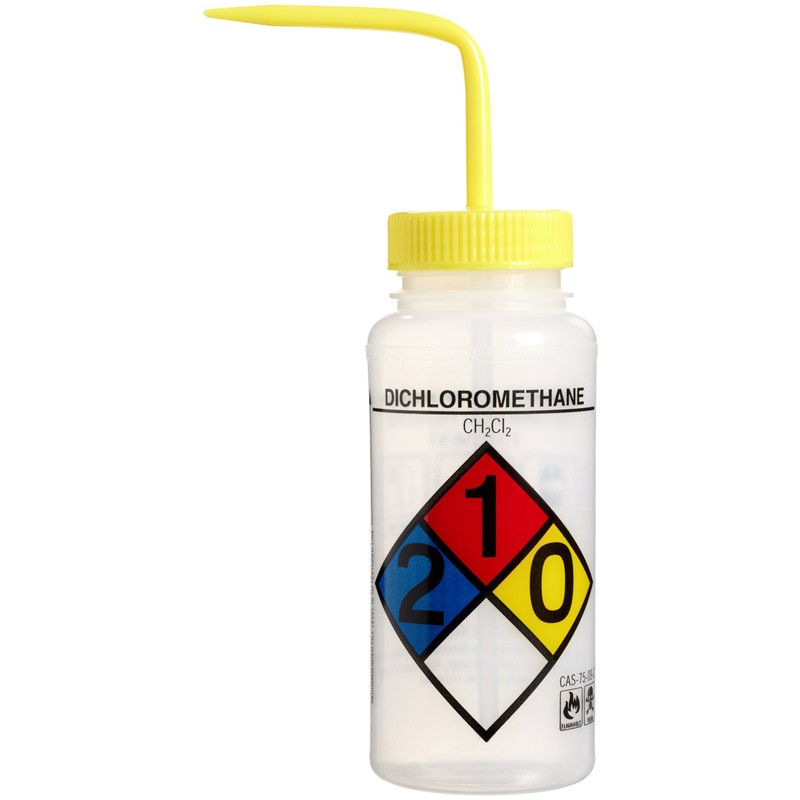SP Bel-Art Safety-Labeled 4-Color Dichloromethane Wide-Mouth Wash Bottles; 500ml (16oz),