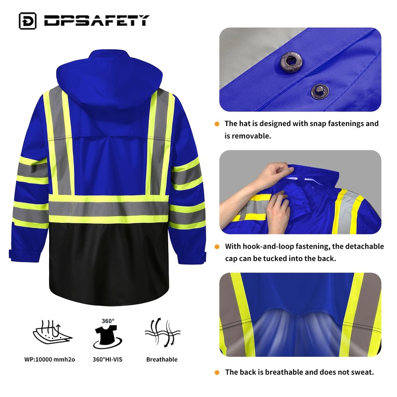 DPSAFETY Reflective Rain jackets for men waterproof,Hi Vis Safety Coat