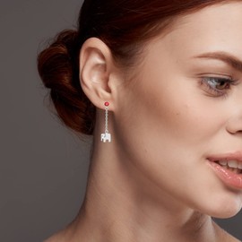 Charmsy 925 Sterling Silver Garnet Elephant Stud Dangle Earrings | Elephant Earrings Animal Jewelry Birthday Gift for Women 30MM