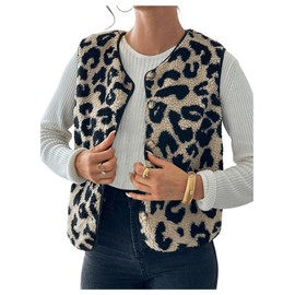 SHENHE Women's Leopard Print Fuzzy Outerwear Vest Button Down Sleeveless Loose Jacket Vest Multicolor Medium