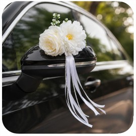 Wedding Car Decorations, 4 PCS Artificial Flower Car Door Handle & Side Mirror Decorations with Suction Cups and Pearl Accents