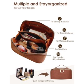Travel Makeup Bag,Cosmetic Organizer Bag for Women,Large Capacity Make up Bag Waterproof PU Leather Makeup Organizer Bag Wide Open Portable Pouch with Dividers and Handle(B-Khaki)