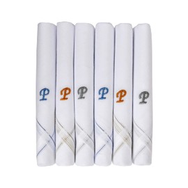 Caruso Italy Men's Initial Monogram P Embroidery 100% Pure Cotton Handkerchief White Base With Colored Border - Pack Of 6