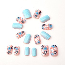 Short Fake Nails Square Fake Nails with Flower Designs Light Blue False Nails Glossy Full Cover Stick on Nails False Nails Cute Spring Press on Nails Glossy Artificial Nails for Women Manicure 24Pcs