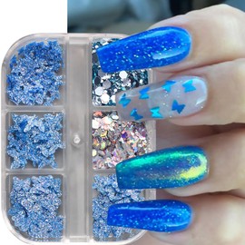 6 Grids Blue Butterfly Nail Art Glitter Sequins 3D Holographic Laser Butterflies Glitter for Acrylic Nails Sparkly Nail Flakes Manicure Paillettes Ultra Thin for Women Face Body Decoration Accessories