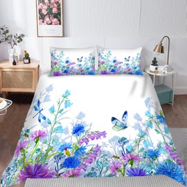 ANHOPE Floral Duvet Cover Set Soft Lightweight Microfibre 3 Piece Bedding Set with 2 Pillowcase Watercolor Flower Butterfly Dragonfly Print Pattern All Season Quilt Cover with Zipper Closure Single