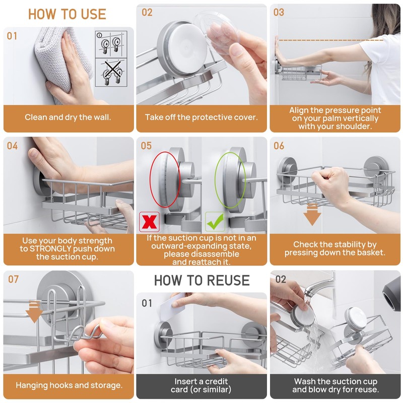 LEVERLOC 2 Pack Corner-adaptive Suction Cup Shower Caddies, Drill-Free Wall