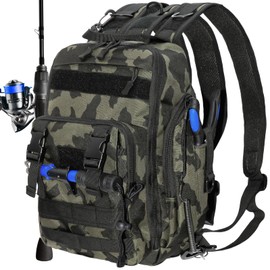 Fishing Backpack Fishing Tackle Storage Bag Fishing Gear and Equipment with Rod Holder Fishing Tackle Shoulder Sling Bag Backpack for Outdoor Fishing, Hunting, Hiking (Black and Brown)