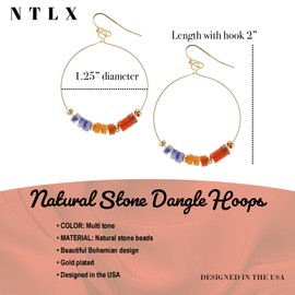 Bohemian Boho Hoop Dangle Drop Earrings for Women – Delicate – Handcrafted - Wire Wrapped Natural Stones – Gold Plated – with Gift Box Included (Multi Tone)