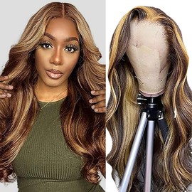 Shoaiye 13 x 4 Lace Front Real Hair Wig, Women's Body Wave Human Hair Wig, Wear and Go Glueless Remy Pre-Plucked Natural Hairline, 150% Density, Highlight Blonde Colour for Woman, 26 Inches