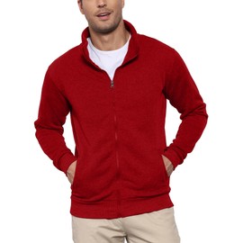 Hoefirm Men's Cardigan Full Zip Up Jumpers Jacket Sweatshirt Polo Long Sleeve Top Stand Collar Casual Lightweight with Pockets WineRed XL