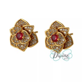 JEYFEL XOIA PREMIUM 24K Women Flower CZ Stud Elegant Earrings. Clear Red CZ Color. Oro Laminado