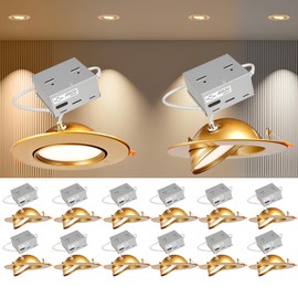 12 Pack 6 Inch Gimbal LED Recessed Light and LED Downlight, 3 Color Adjustable Recessed Lighting 6inch, 12W=120W 1200LM Soft Strong Brightness Gold Wafer LED