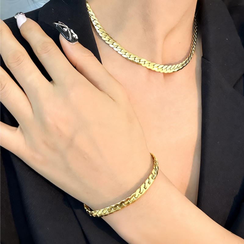 VceTd Chunky Gold Wheat Chain Stainless Steel Necklace and Bracelet