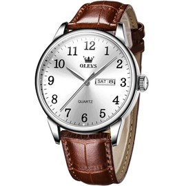 OLEVS Leather Band Watches for Men Easy Reader Date Mens Watches White Dial Big Face Casual Classic Arabic Numbers Dress Brown Leather Waterproof Quartz Adjustable Strap Analog Watches With Date and Day