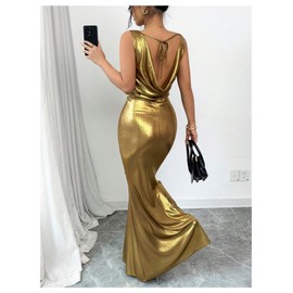 SHENHE Women's Sexy Open Back Shiny Metallic Maxi Dress Cowl Neck Bow Bodycon Cocktail Party Dress Gold Large