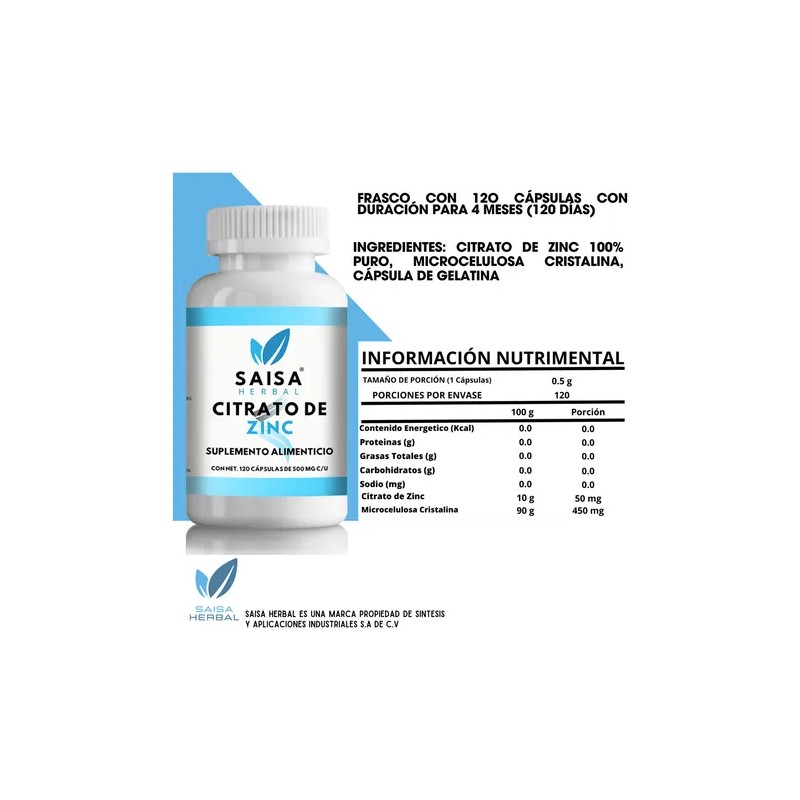 Citrato De Zinc Con 120 Cápsulas | Suplemento Alimenticio |