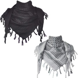 Explore Land Cotton Shemagh Keffiyeh Tactical Desert Scarf Neck Head Wrap with Tassel for Men Women (Black, Gray, one size)