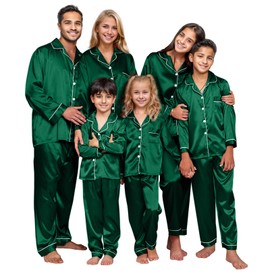 IFFEI Family Silk Satin Pajamas Matching Sets Long Sleeve Pjs for Couples 2 Piece Buttons Kids Christmas Pajamas with Pocket Women：M Green