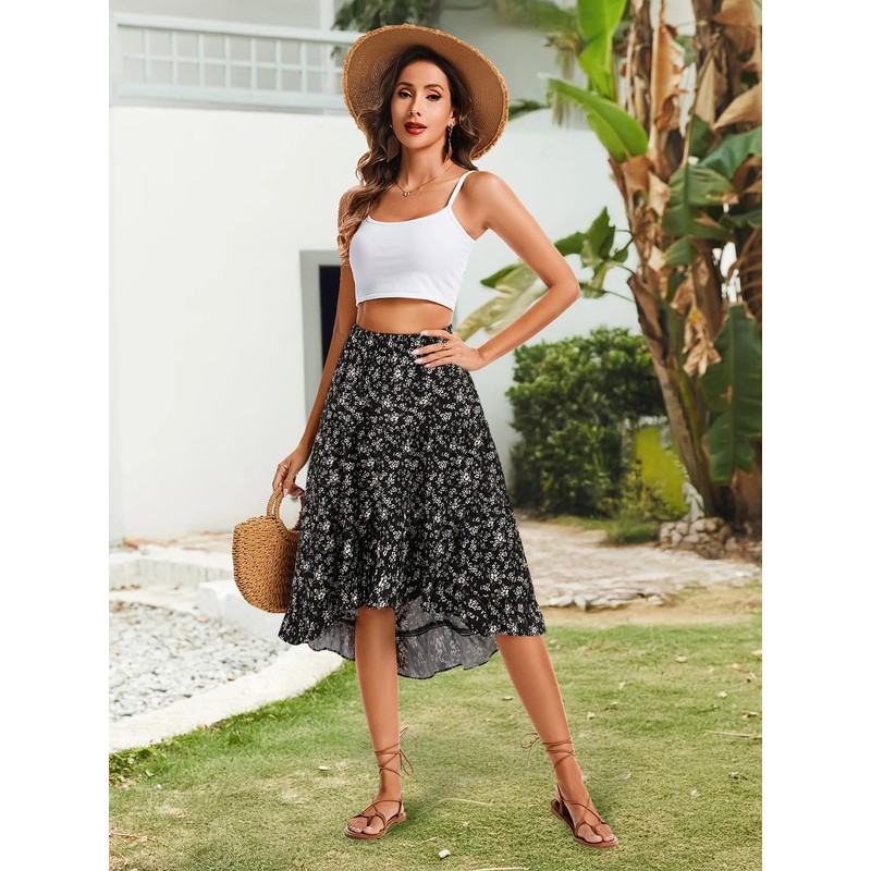 Timormode Women's 2025 Spring Summer Boho Midi Skirt Floral Elastic