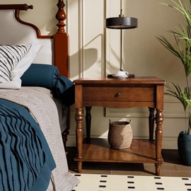 Large End Table with Drawer and Storage Shelf, Solid Wood Sofa Side Table, Slim Beside Table,Telephone for Small Spaces, Living Room, 22.8"L x 22.8"W x 24"H ,No-Tools Assembly,Caramel Brown CJZC008DR