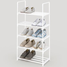 5-Tier Small Shoe Rack, Metal Stackable  Shoe Shelf Storage Zapateras Organizer,Narrow Shoe Rack Sturdy for Closet Hallway Entryway Living Room Bedroom (Black) - Color: 5-White