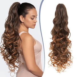 TESS 24'' Curly Ponytail Extensions, 210g Claw in Long Ponytail Extension, Hair Pieces for Women, Auburn to Light Auburn