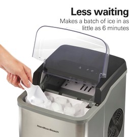 Hamilton Beach Bullet Countertop Ice Maker Machine, Makes 26 Lbs/Day, 9 Cubes Every 6 Minutes, Self-Clean Function, for RV, Office, Kitchen, Dorm, Makes 2 Sizes, Brushed Stainless Steel (86152)