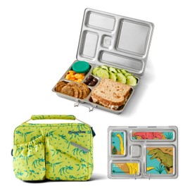 PlanetBox Rover Stainless Steel Bento Box Style Lunch Box Kit for Kids with 5 Compartments, Dino Dig Edition includes Insulated Lunch Bag, Leakproof Food Containers and Matching Jurassic Magnets