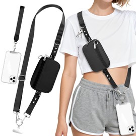 Uiwkow 3-in-1 Clip and Go Strap for Phone with Wallet Crossbody, Detachable Zippered RFID Wristlet Wallet，Adjustable Anti-Theft Phone Lanyard for Women | Hands-Free for Daily Errands & Travel (Black)