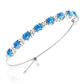 Belinda Jewels - Floral Bolo Gemstone Bracelet, 925 Sterling Silver Bracelet with 9 5mm Round-Cut Swiss Blue Topaz Gemstones, 11” Silver Bracelets for Women, Lead and Nickel-Free Silver Jewelry