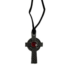 Celtic Cross Pendant Necklace, Red Stone, 5 cm x 3 cm, Pewter, Black Cord