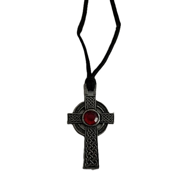 Celtic Cross Pendant Necklace, Red Stone, 5 cm x 3