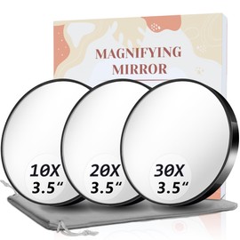 Magnifying Mirror, 10X & 20X & 30X Set, Magnified Mirrors 3.5" with Two Suction Cups, Travel Magnifying Mirror Set Comes with Portable Storage Bag, Compact Small Magnified Mirrors for Travel(Black)