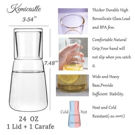 Kemicastle Bedside Water Carafe Glass Set,24OZ,Clear Nightstand Glass Pitcher Carafe with Lid Cup,Guest Bedroom Essentials,Mouthwash Decanter for Bathroom.