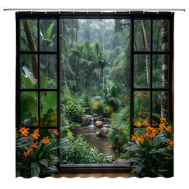 AMFD Tropical Rainforest Shower Curtain Jungle Green Tree Waterfall Pond Garden Nature Landscape Bathroom Curtains Decor Fabric Set Include Hooks,(70" WX70 H)