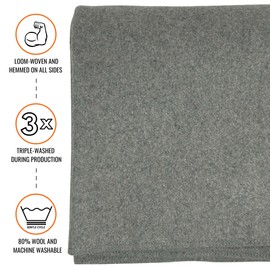 Arcturus Military Wool Blanket - Warm, Thick, Washable - Great for Outdoors, Camping, Stadium Blanket, Picnics, Travel - Car & Bushcraft Survival Kits, Large 64in x 88in 4.5 lb - Stone Gray