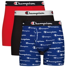 Champion Men's Boxer Briefs, Every Day Comfort Stretch Cotton Moisture-Wicking Underwear, Multi-Pack, Blue White Script Logo/Black/Red-3 Pack, XX-Large