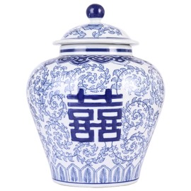 Handmade Blue and White Porcelain Ginger Jar 9.53"H-Chinoiserie Decorative Jar for Home Décor, Ceramic Vase, Decorative Sculpture, and Flower Display (Happy Jar)
