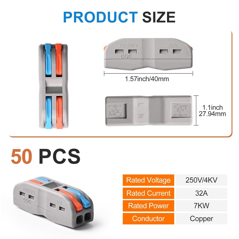 Wire Connectors Nuts, 50pcs 2 Conductor Compact Splicing Wire Connectors,