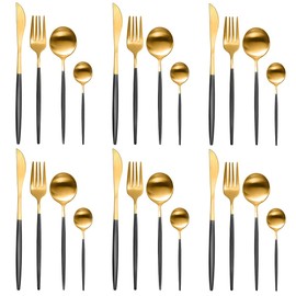 Juego De Cubiertos Para 6 Personas， Cubiertos Acero Inoxidable De 24 Piezas Incluye Cuchillos, Tenedores, Cucharas Espejo Pulido, Juego De Cubierto Para Cocina, Restaurante, Hotel , Apto Para El Lavavajillas (negro)