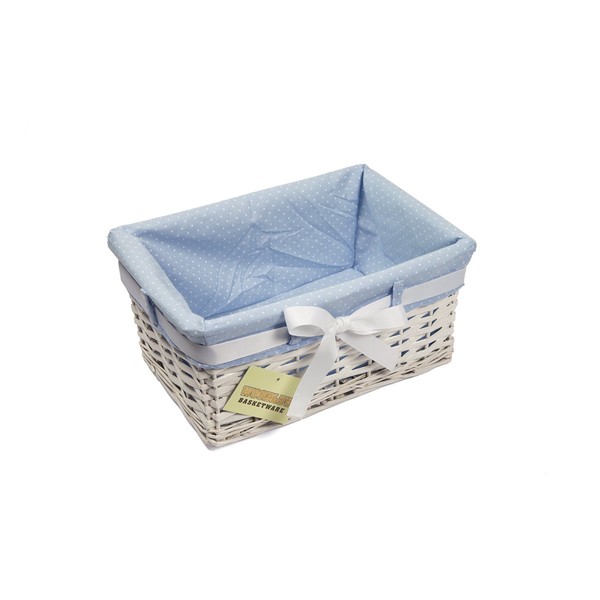Woodluv Rectangular White Willow Wicker Hamper Storage Basket-With Blue Fabric