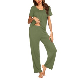 Ekouaer Pajama Set for Women 2 Piece Sleepwear Short Sleeve Pleated Top and Long Pants Soft Pjs Loungewear with Pockets Army Green