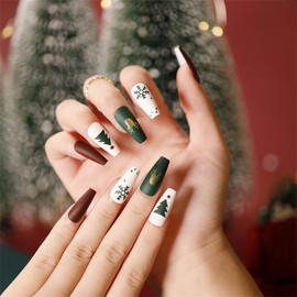 Christmas Holiday Themed Press On Nails, Snowflake and Tree Designs, White and Green Colors