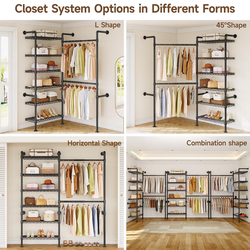L2 Wall Mounted Closet System, Industrial Pipe Clothing Rack Clothes