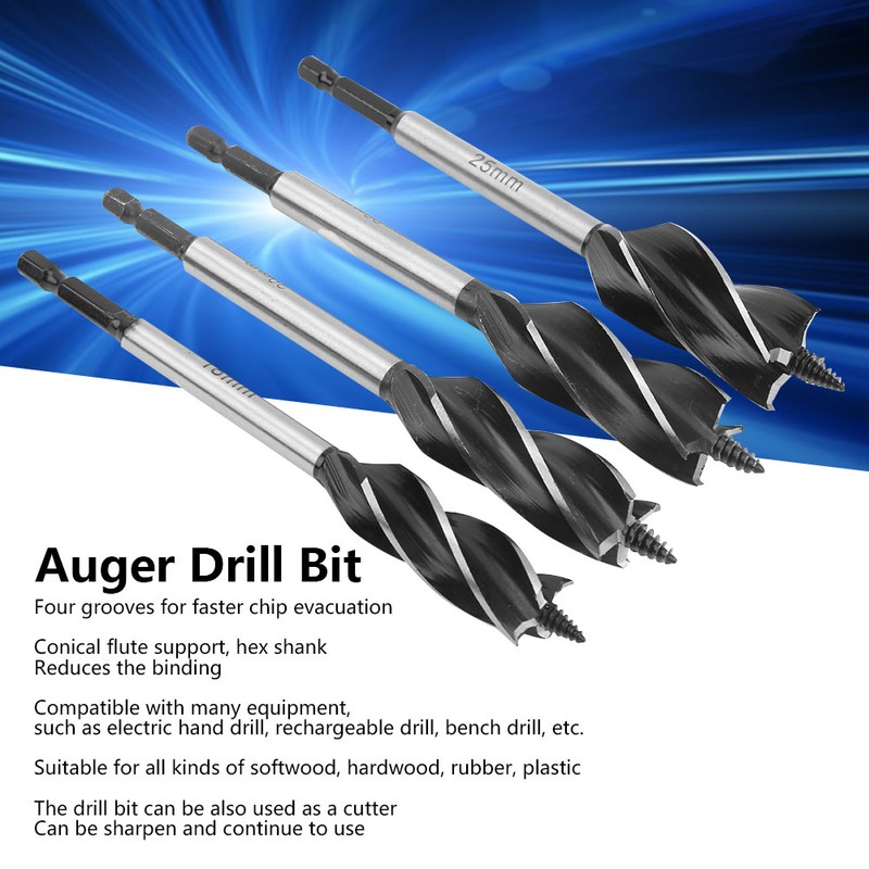 4Pcs Auger Bits Wood Cutting Hole Saw Reaming Twist Drill